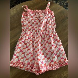 Mini Boden “Tutti Fruity” flamingo Pink & White Ruffle Romper- NWOT Sz 8-9Y 🦩